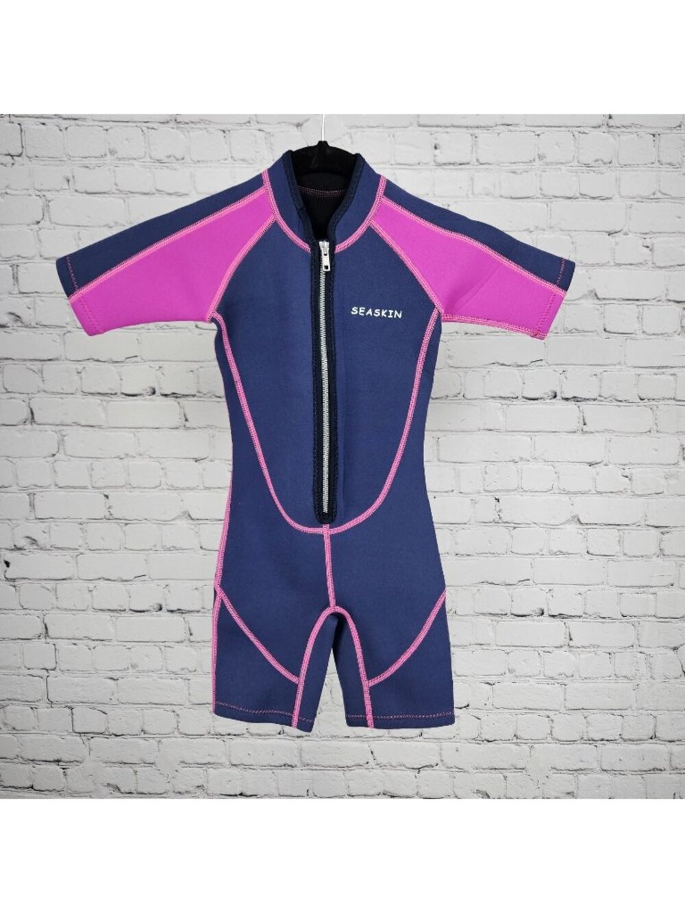 Seaskin Blue Pink Colorblock Front Zip Short Sleeve Springsuit Wetsuit Kids 3
